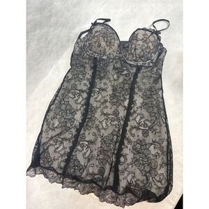 Victoria's Secret Sexy Little Things Black Lace Babydoll Chemise 34C Cream